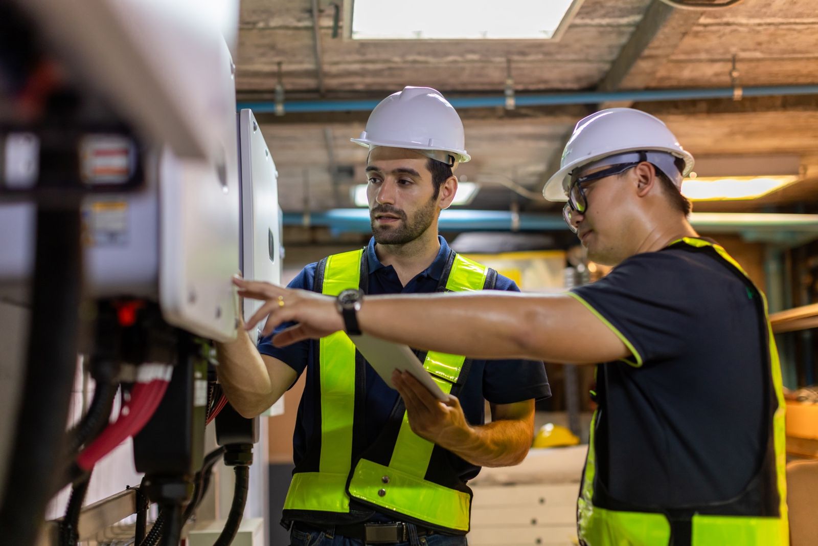 Zwei Ingenieure prüfen eine Anlage bei der Abnahme vor Ort